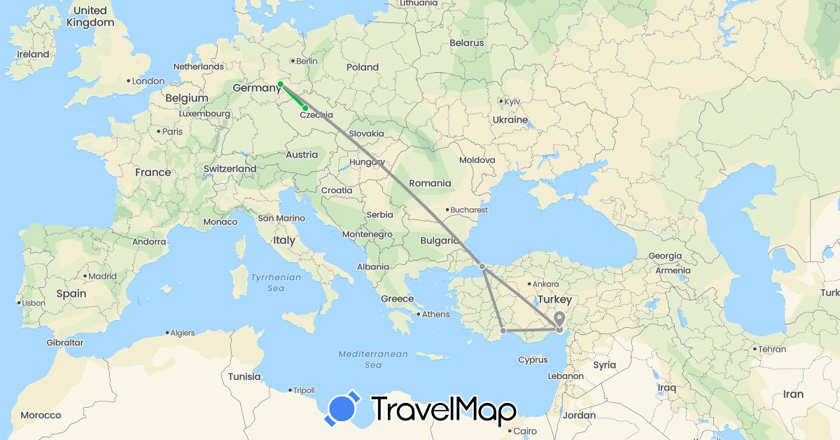TravelMap itinerary: driving, bus, plane in Czech Republic, Germany, Turkey (Asia, Europe)